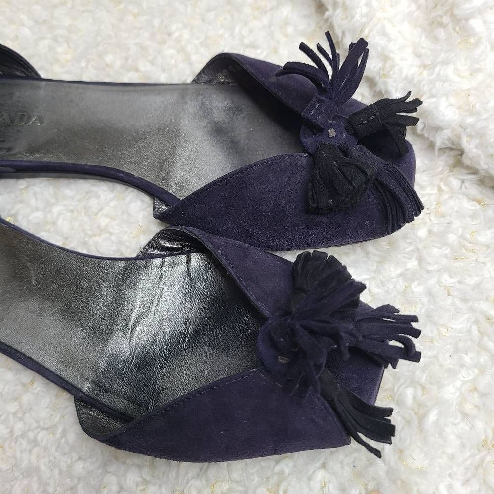 Prada Navy Blue Suede Leather Tassel‎ Peep-toe D'orsay Flats sz 40 - Picture 3 of 10